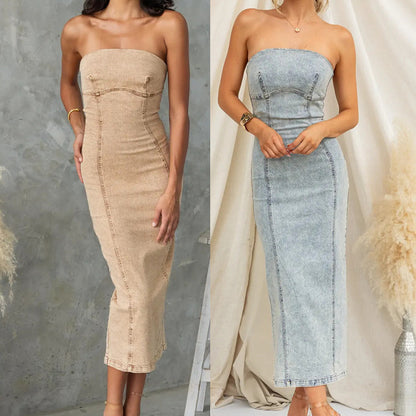 Bandeau Sexy Hot Girl Slim Fit Patchwork Denim Dress