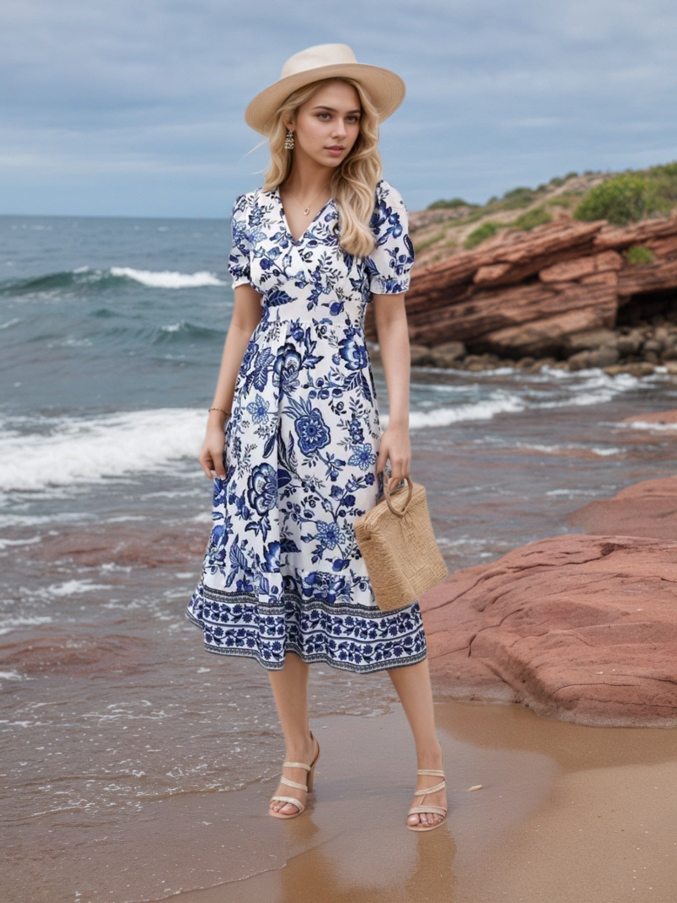 2025 New Women's Floral Print V-neck Dress, Floral Dress, Suitable For Vacation, Women's Dress