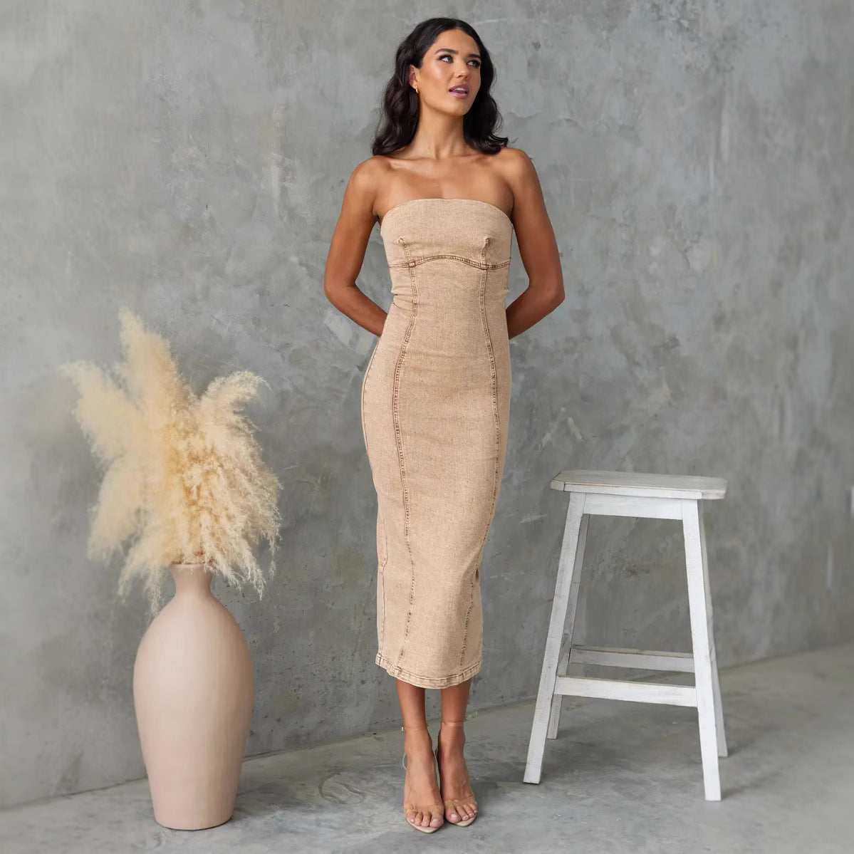 Bandeau Sexy Hot Girl Slim Fit Patchwork Denim Dress