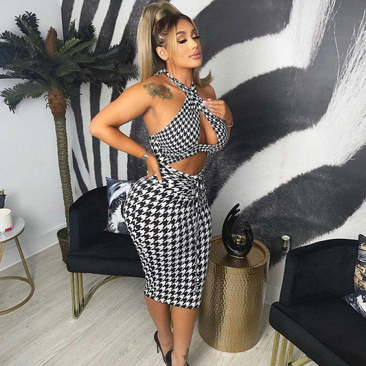 Backless Lace-Up Halter Cutout Smocked Pack Hip Dress