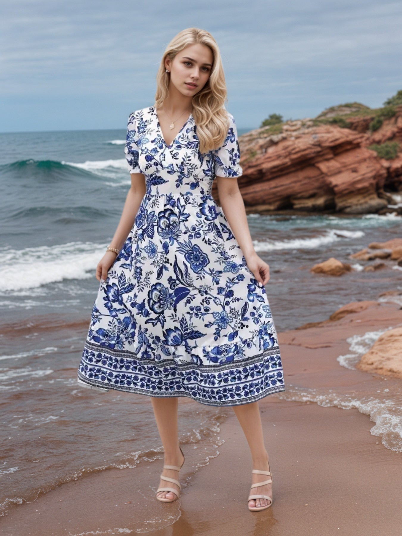 2025 New Women's Floral Print V-neck Dress, Floral Dress, Suitable For Vacation, Women's Dress