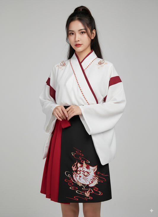 Japanesex Dress Kimono Woman Black White Cat Embroidery Skirts Vintage Asian Clothing Yukata Haori Cosplay Party 2 Pieces Sets