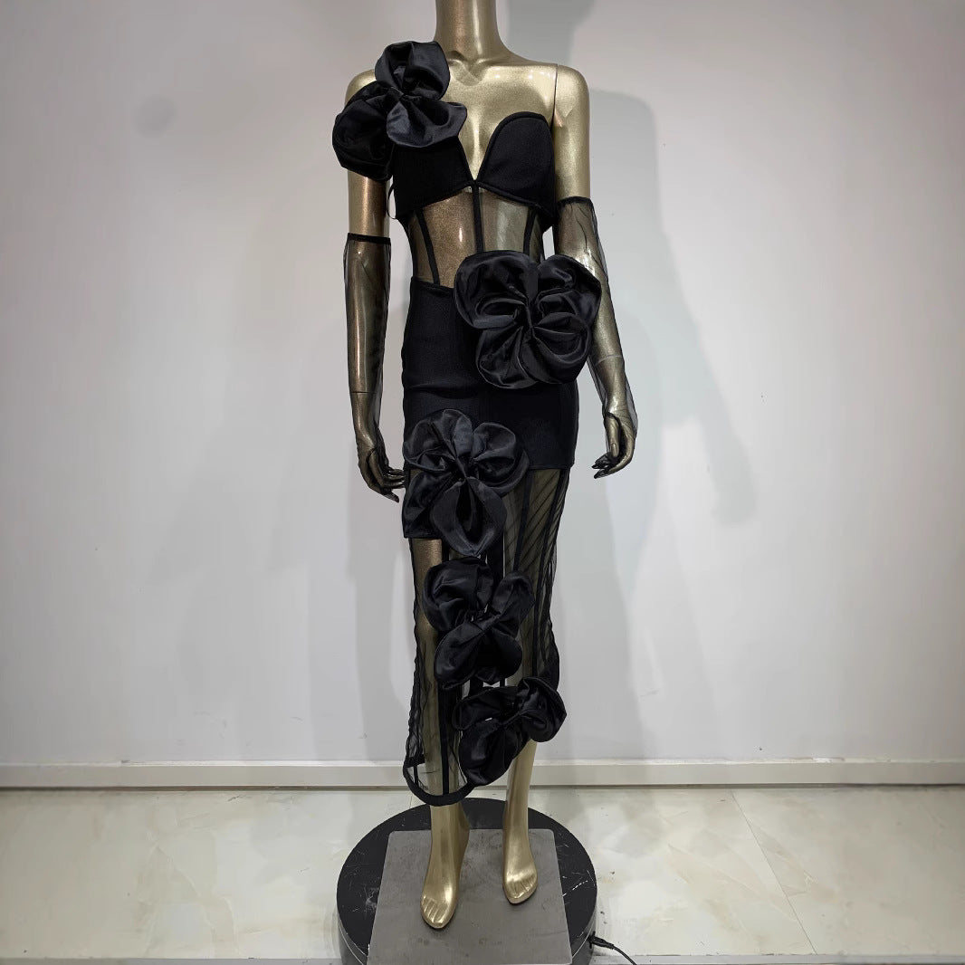 Bandage Skirt Gloves Black Banquet Party Formal Dress