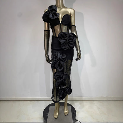 Bandage Skirt Gloves Black Banquet Party Formal Dress