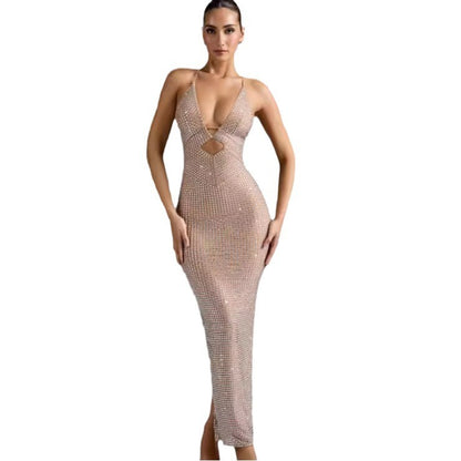 Amoi Shiny Rhinestone Sexy Cutout Halter Sheath Dress Fashion Hot Party Dress