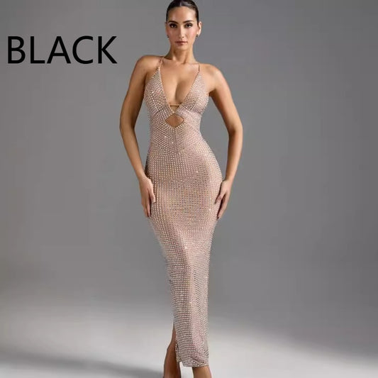 Amoi Shiny Rhinestone Sexy Cutout Halter Sheath Dress Fashion Hot Party Dress