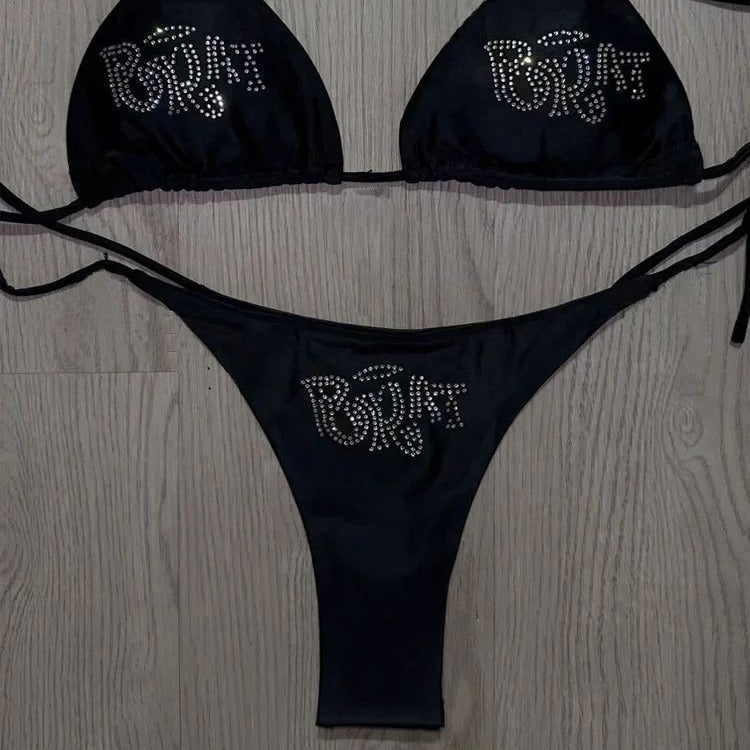 Y2g Letters Rhinestone Halter Sexy Backless Holiday Bikini