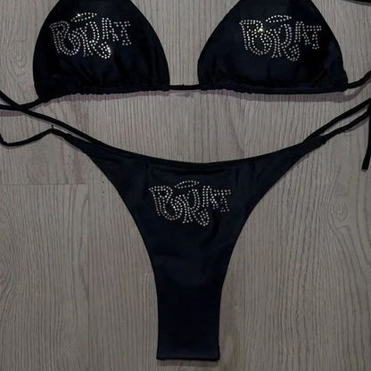 Y2g Letters Rhinestone Halter Sexy Backless Holiday Bikini