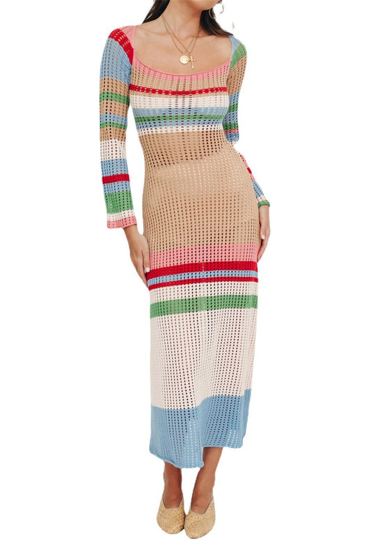 Beach Long Dress Colorful Contrast Color U-Neck Cutout