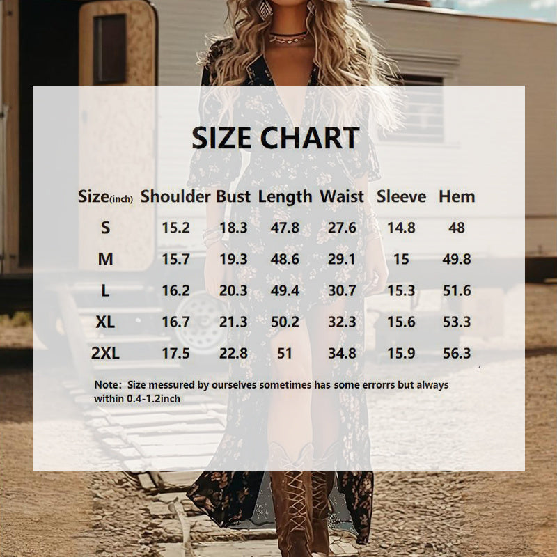 Women's V-Neck Western Floral Print Dress - Spring Summer Ruffled Hem A-Line Dress With Bohemian Style