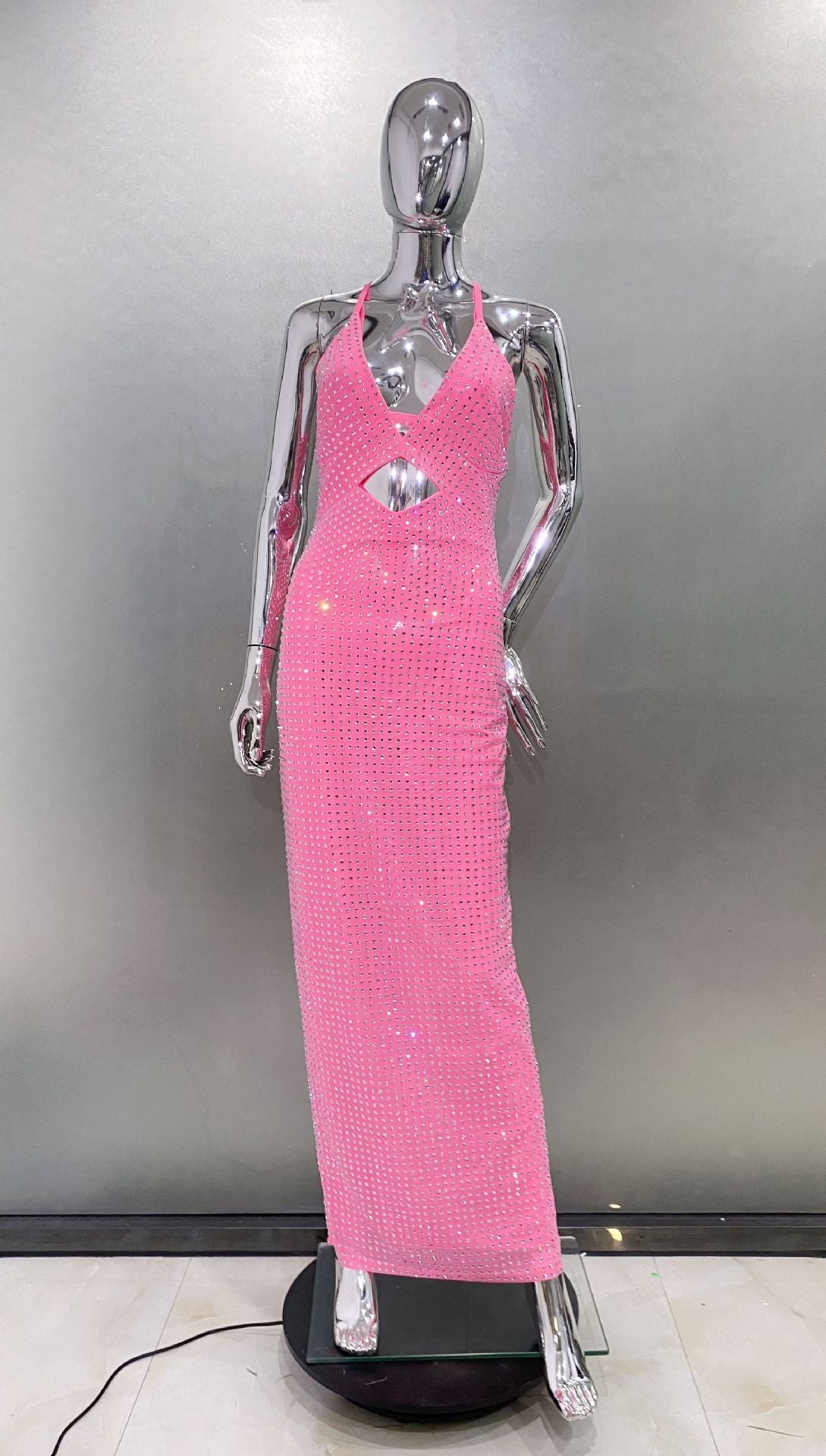 Amoi Shiny Rhinestone Sexy Cutout Halter Sheath Dress Fashion Hot Party Dress