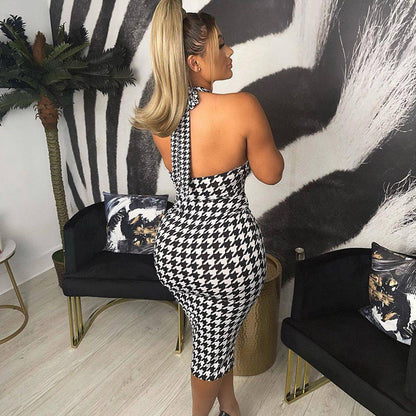 Backless Lace-Up Halter Cutout Smocked Pack Hip Dress