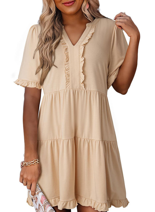 Womens Dresses Summer Spring V Neck Short Sleeve Casual A Line Flowy Swing Dress Mini Dress